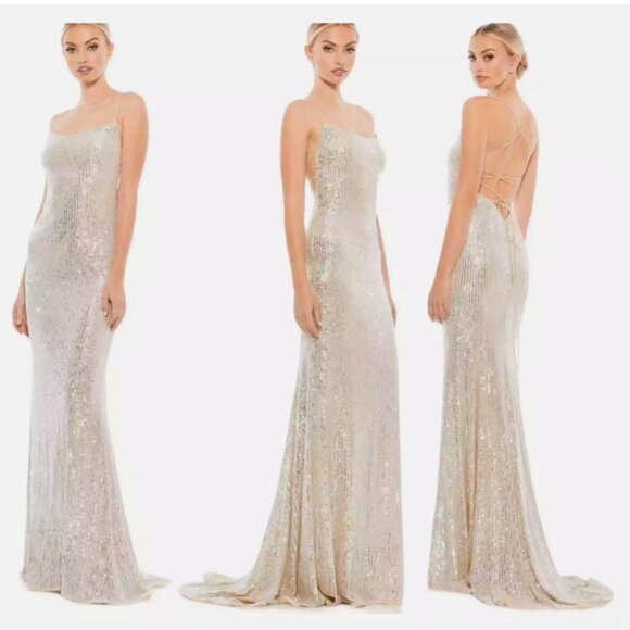 MAC DUGGAL 26269 STRETCH SEQUIN LACE UP BACK EVENING SILVER/NUDE GOWN sz 8 - Picture 3 of 3